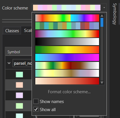 Renk Şeması: Semboloji bölmesinde süreklilik gösteren veya verinizi rastgele renklendiren bir çok renk şeması vardır. Unique Values için rastgele renk şeması daha uygundur.